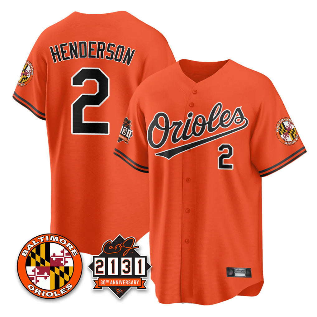 Lashops B.Orioles #2 Gunnar Henderson Player Orange 30th Anniversary of 2131 Home Game Stitched Jerseys