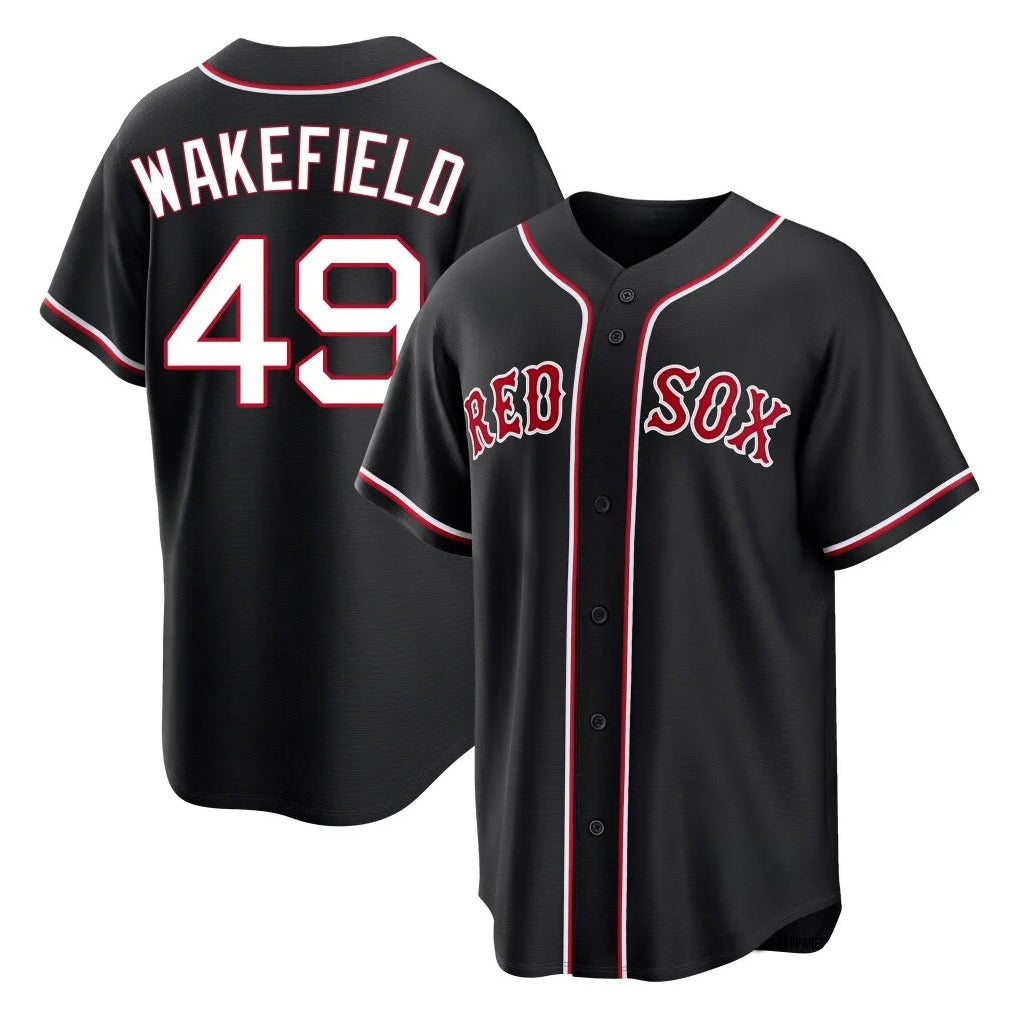 Lashops B.Red Sox #49 Tim Wakefield Player Black Out Home Game Stitched Jerseys