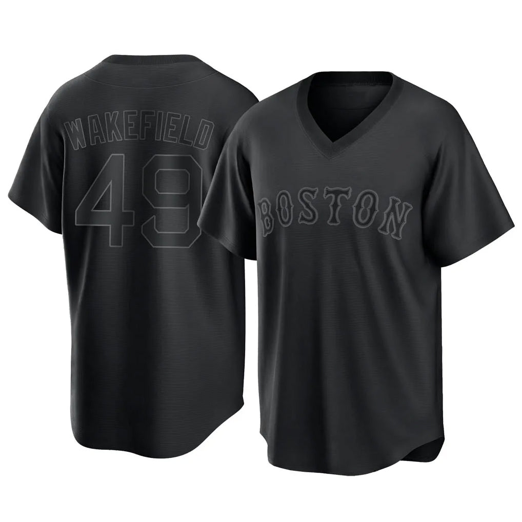 Lashops B.Red Sox #49 Tim Wakefield Player Black T-shirt Home Game Stitched Jerseys