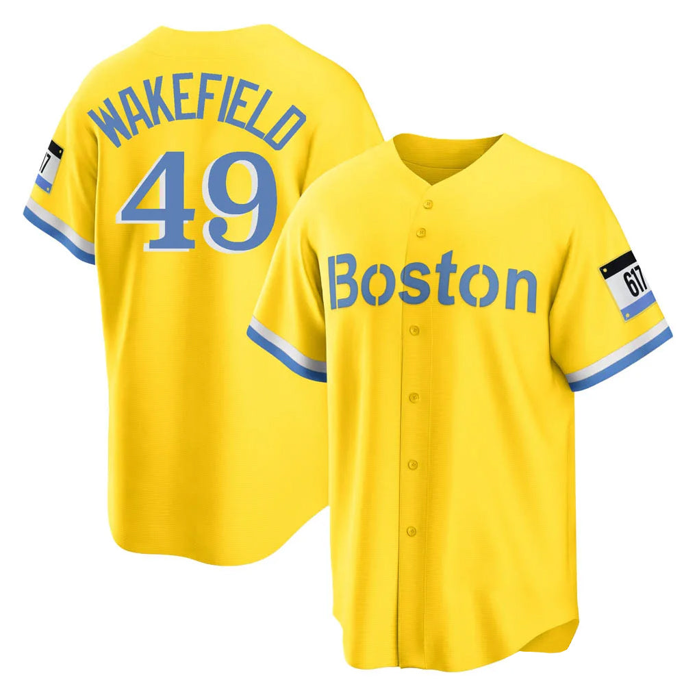 Lashops B.Red Sox #49 Tim Wakefield Player Yellow Home Game Stitched Jerseys