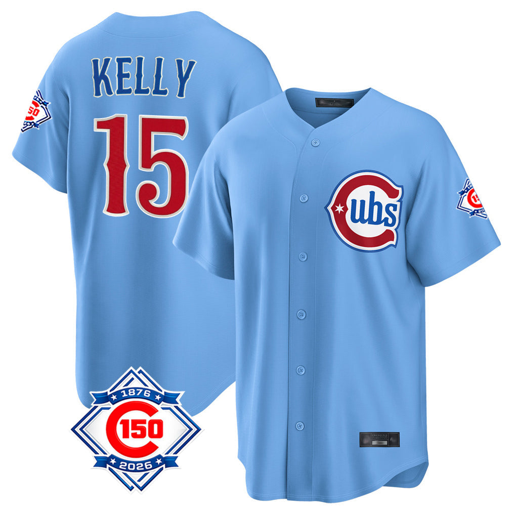Lashops C.Cubs #15 Carson Kelly Player Light Blue 150th Anniversary Home Game Stitched Jerseys
