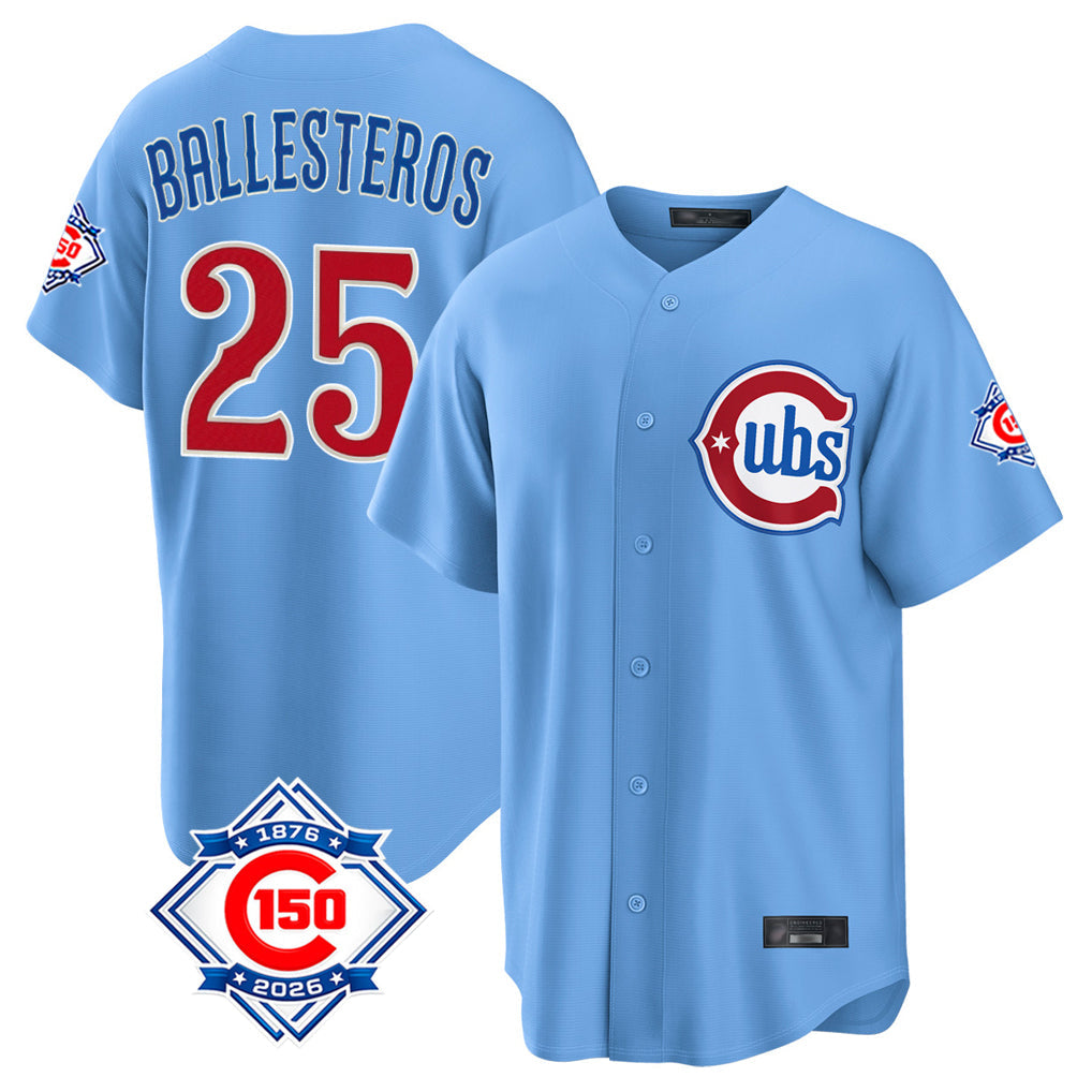 Lashops C.Cubs #25 Mois¨¦s Ballesteros Player Light Blue 150th Anniversary Home Game Stitched Jerseys