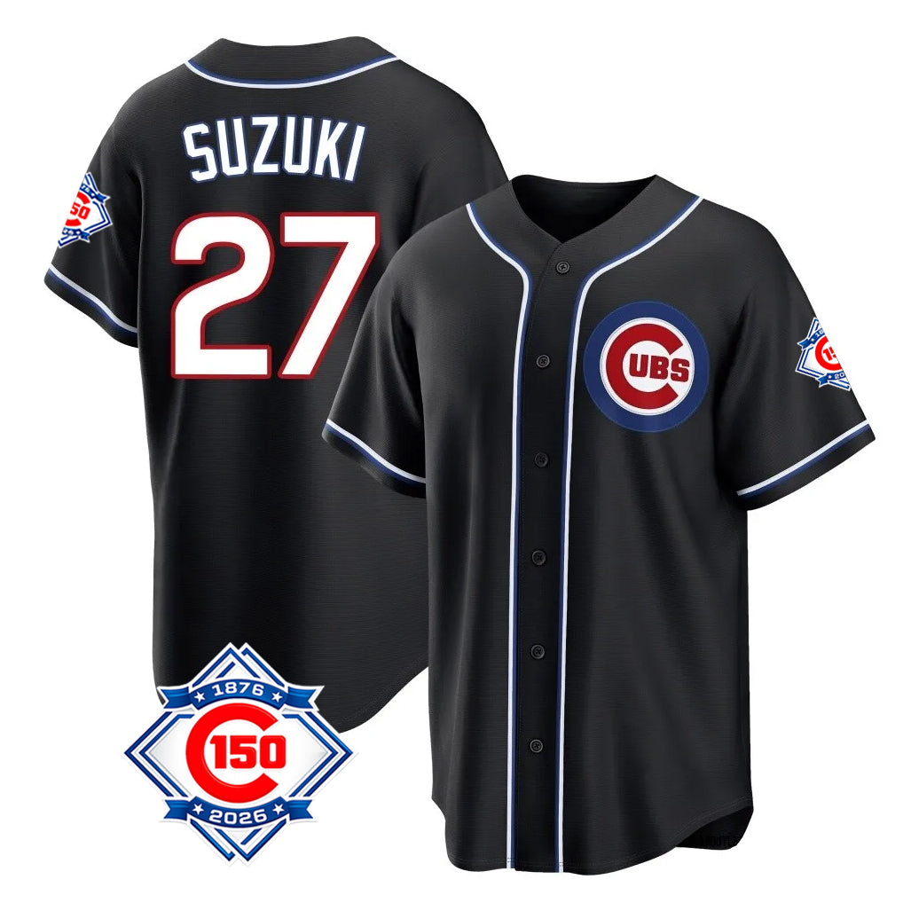 Lashops C.Cubs #27 Seiya Suzuki Player Black Fashion Out 150th Anniversary Game Stitched Jerseys
