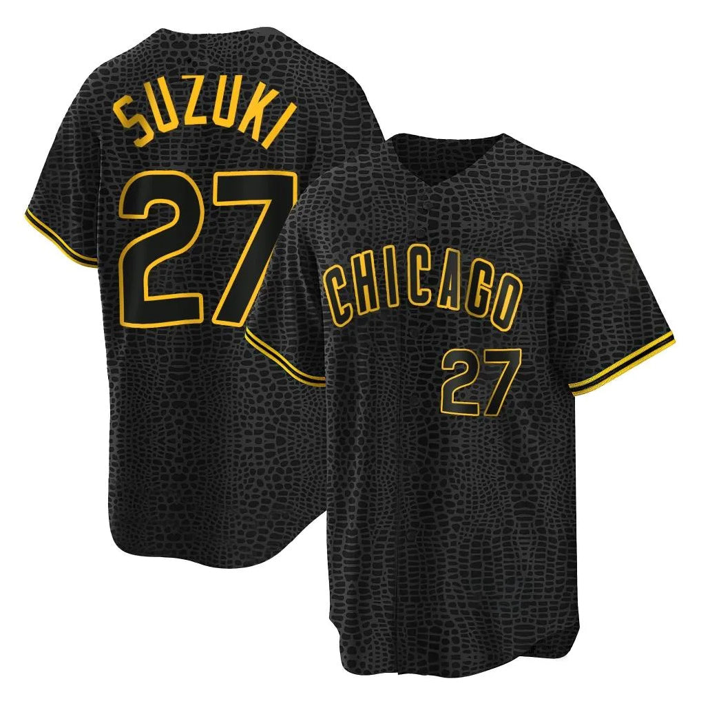 Lashops C.Cubs #27 Seiya Suzuki Player Black Snake Skin City Game Stitched Jerseys