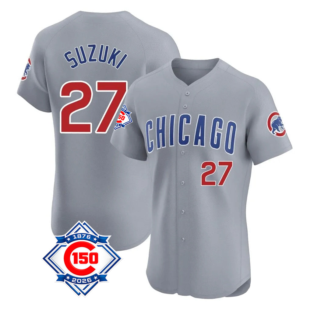 Lashops C.Cubs #27 Seiya Suzuki Player Gray Road 150th Anniversary Limited Elite Home Stitched Jerseys