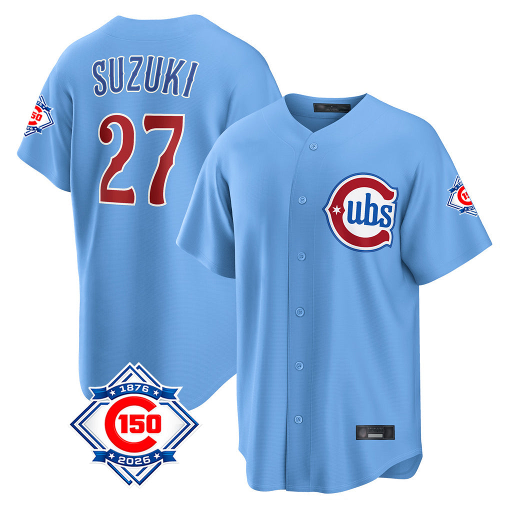 Lashops C.Cubs #27 Seiya Suzuki Player Light Blue 150th Anniversary Home Game Stitched Jerseys