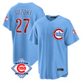 Lashops C.Cubs #27 Seiya Suzuki Player Light Blue 150th Anniversary Home Game Stitched Jerseys