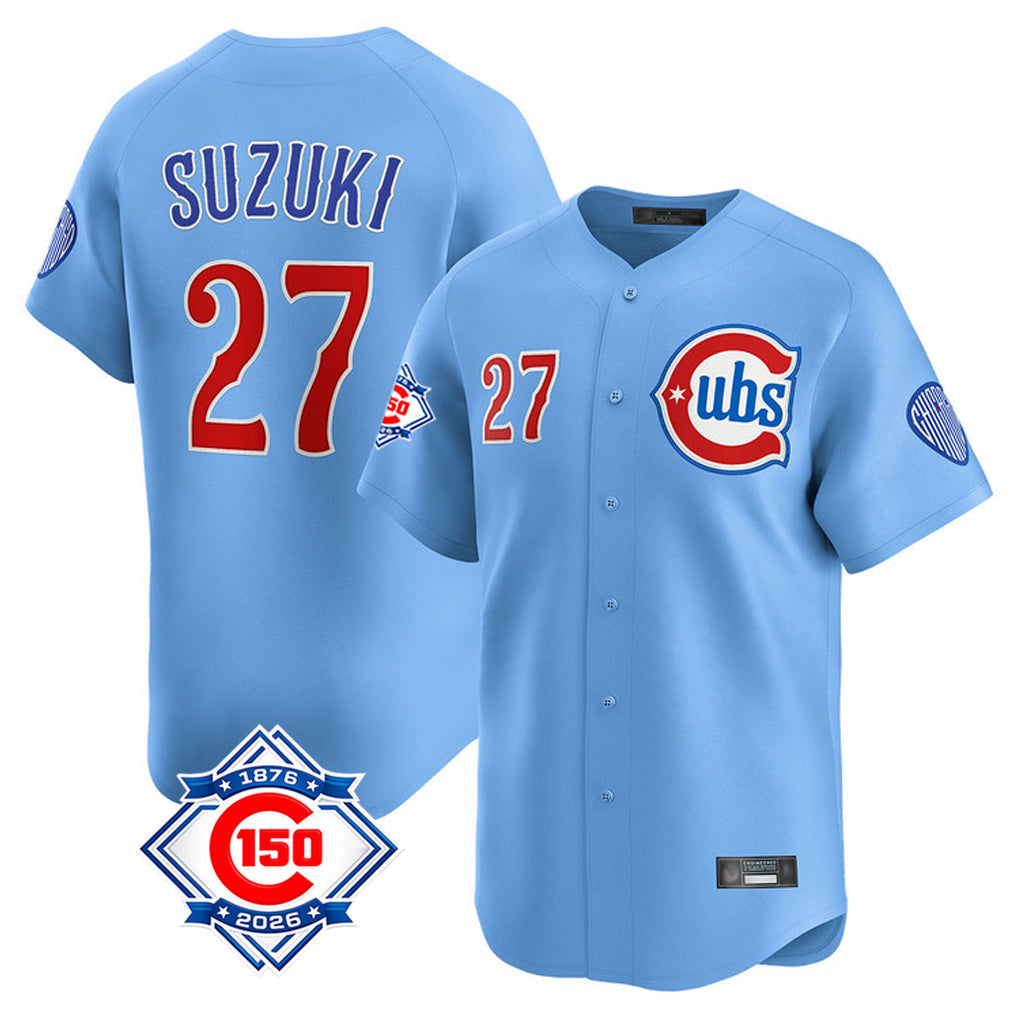 Lashops C.Cubs #27 Seiya Suzuki Player Light Blue 150th Anniversary Limited Home Stitched Jerseys