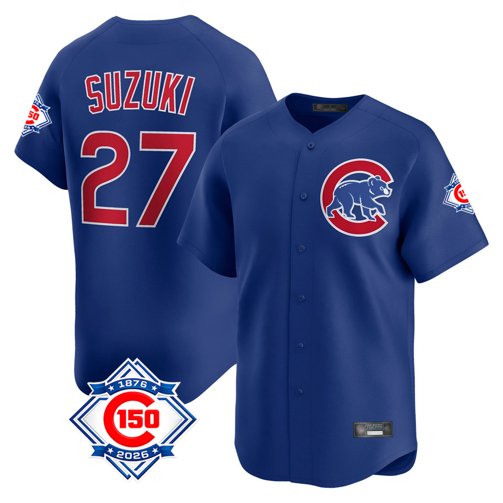 Lashops C.Cubs #27 Seiya Suzuki Player Royal 150th Anniversary Limited Home Stitched Jerseys