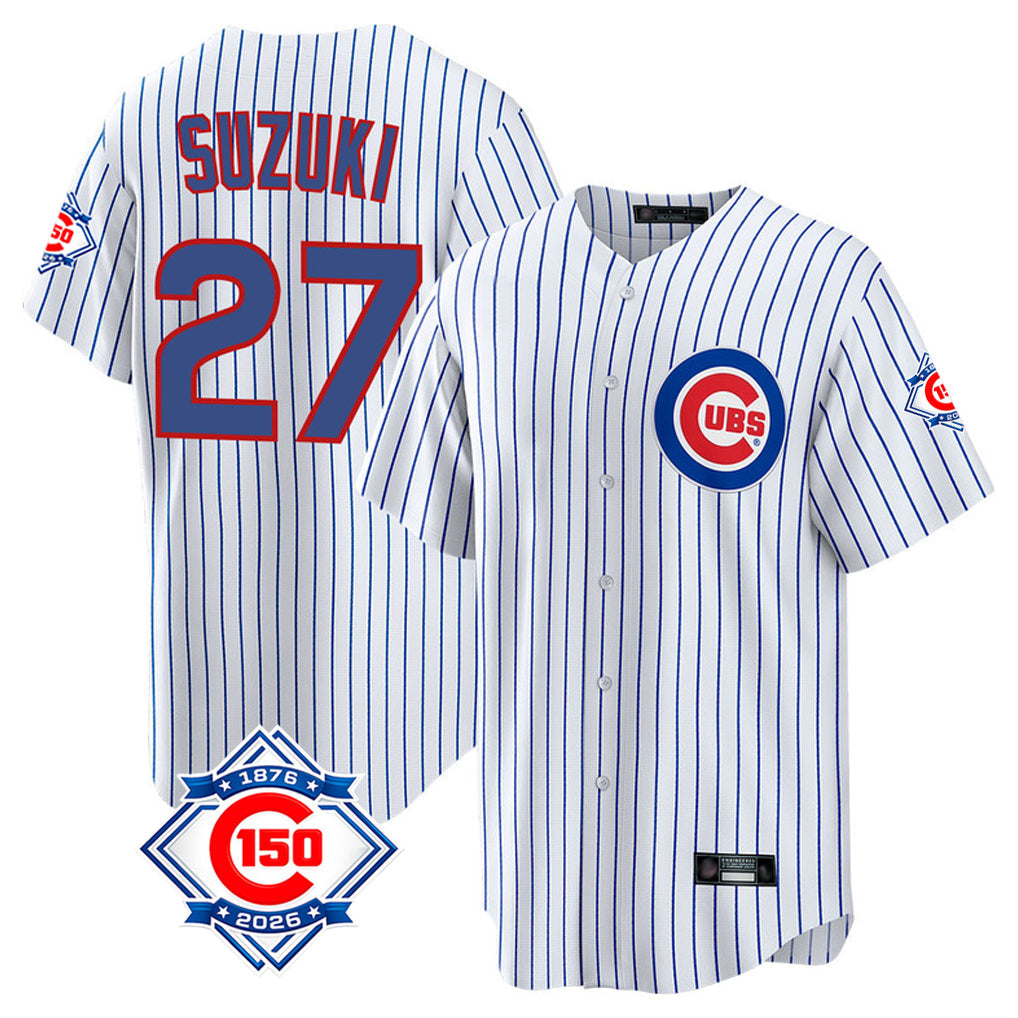 Lashops C.Cubs #27 Seiya Suzuki Player White 150th Anniversary Home Game Stitched Jerseys