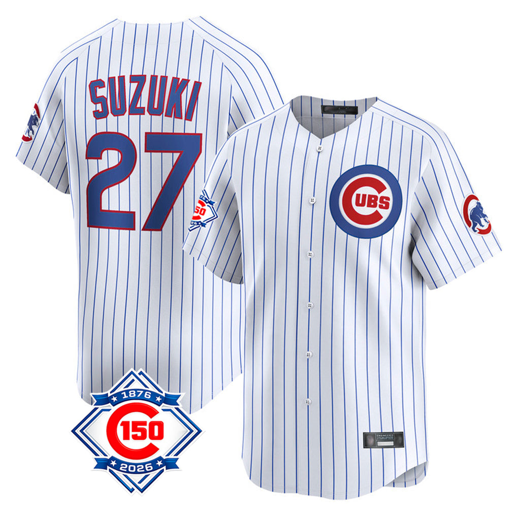 Lashops C.Cubs #27 Seiya Suzuki Player White 150th Anniversary Limited Home Game Stitched Jerseys