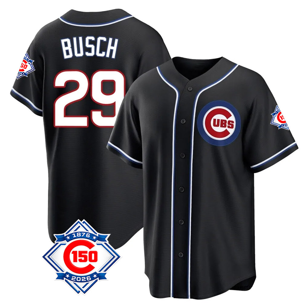 Lashops C.Cubs #29 Michael Busch Player Black Fashion Out 150th Anniversary Game Stitched Jerseys