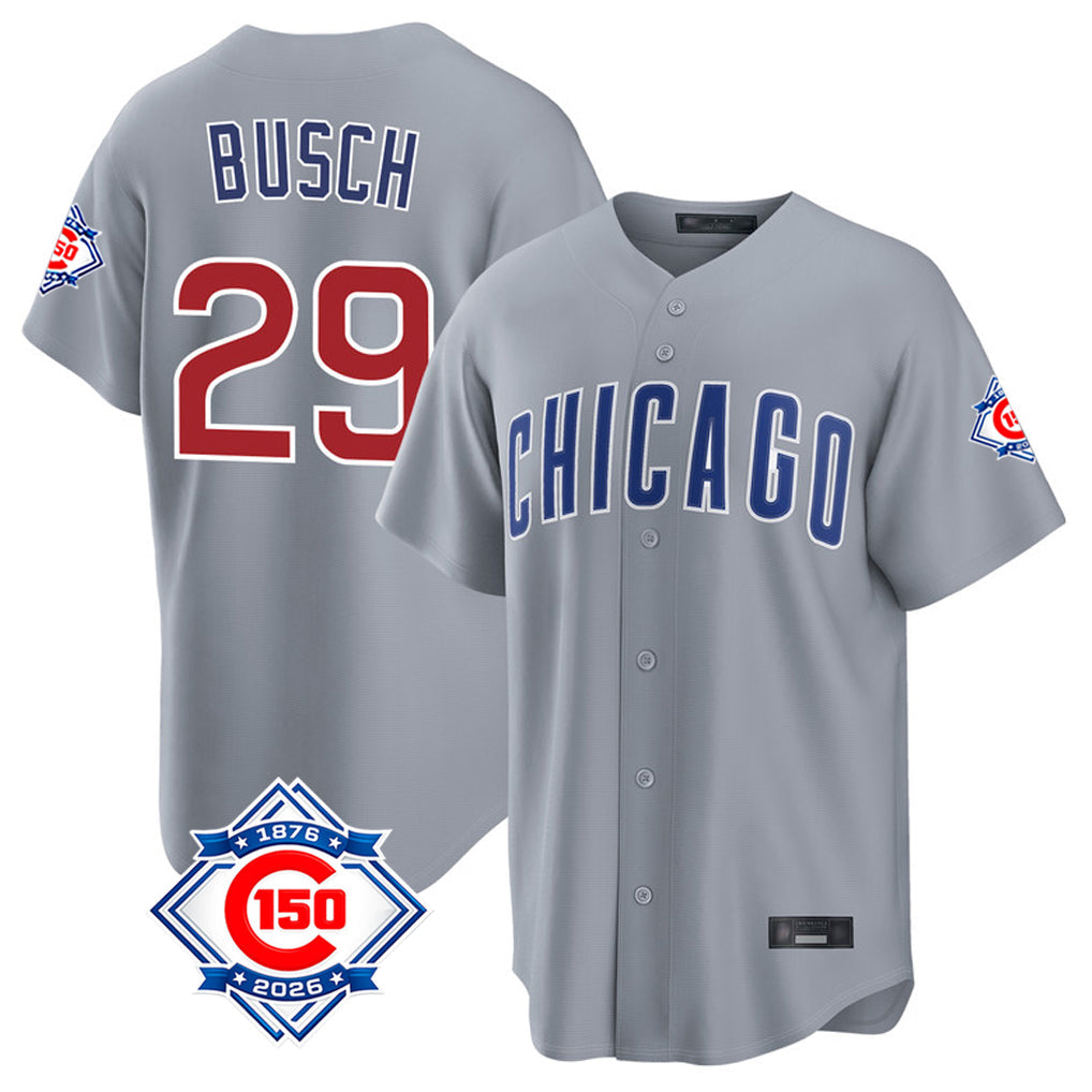 Lashops C.Cubs #29 Michael Busch Player Gray 150th Anniversary Home Game Stitched Jerseys