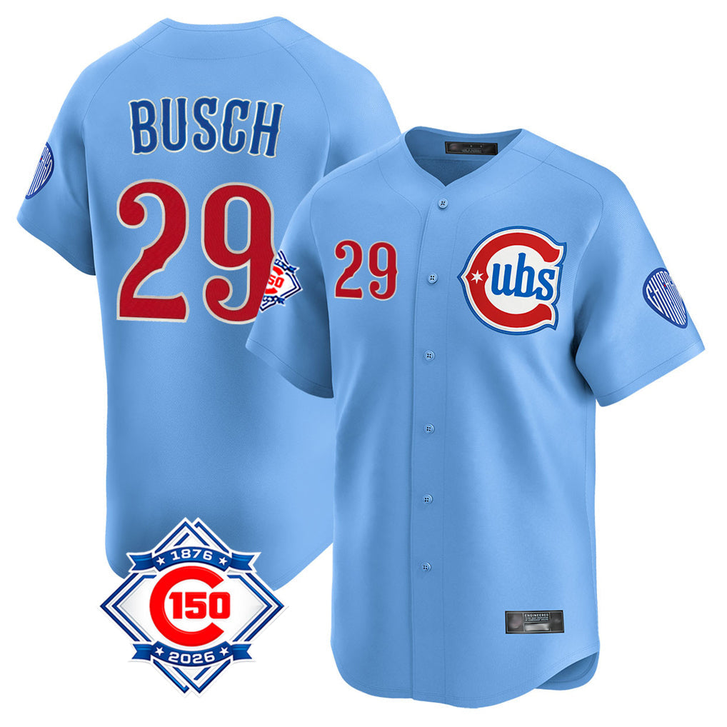 Lashops C.Cubs #29 Michael Busch Player Light Blue 150th Anniversary Limited Home Stitched Jerseys