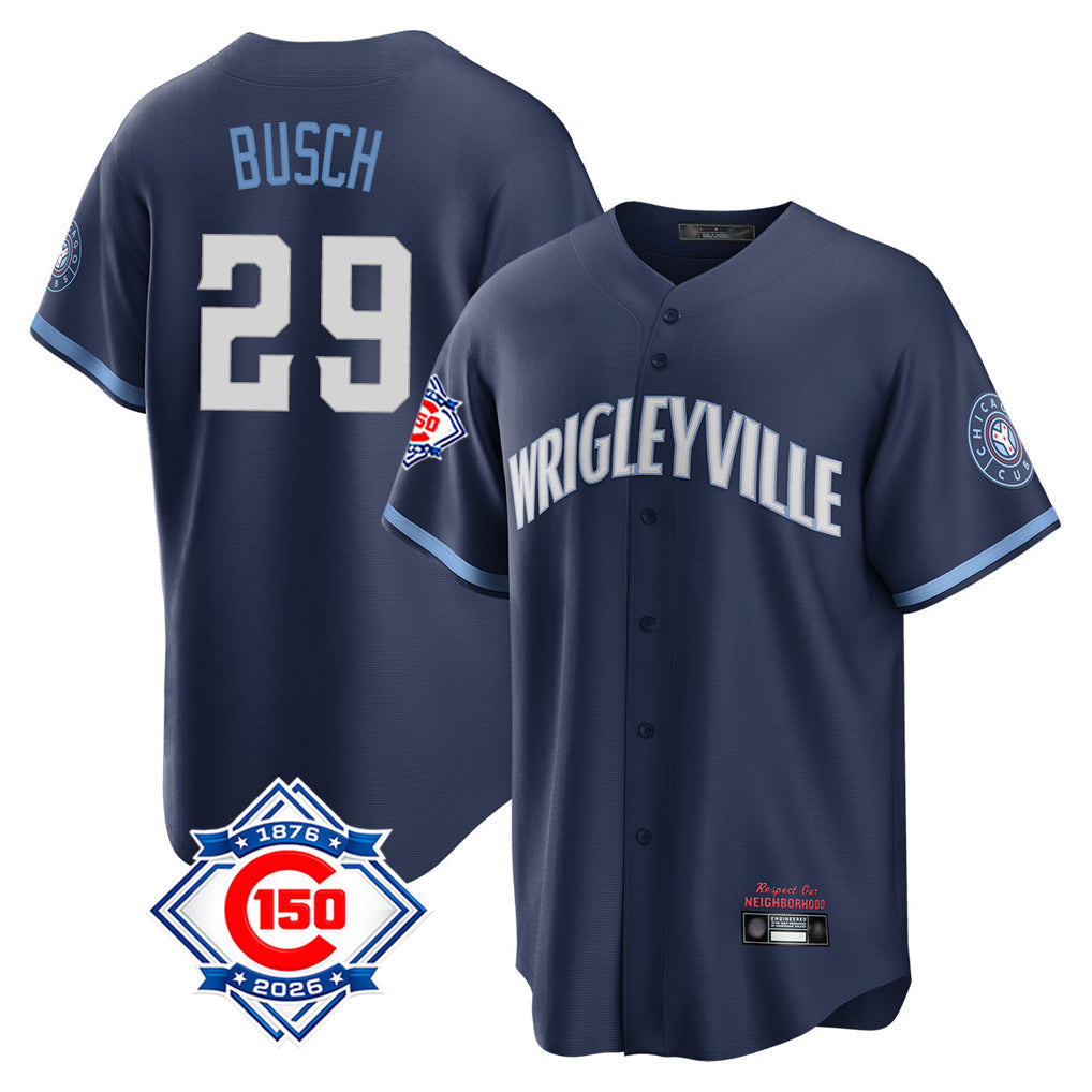 Lashops C.Cubs #29 Michael Busch Player Navy 150th Anniversary City Connect Home Game Stitched Jerseys