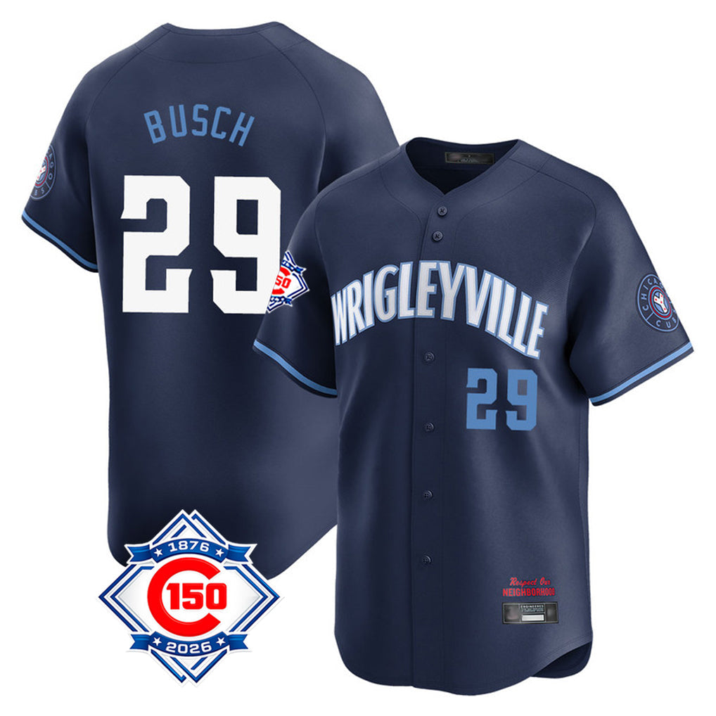 Lashops C.Cubs #29 Michael Busch Player Navy City Connect 150th Anniversary Limited Home Stitched Jerseys