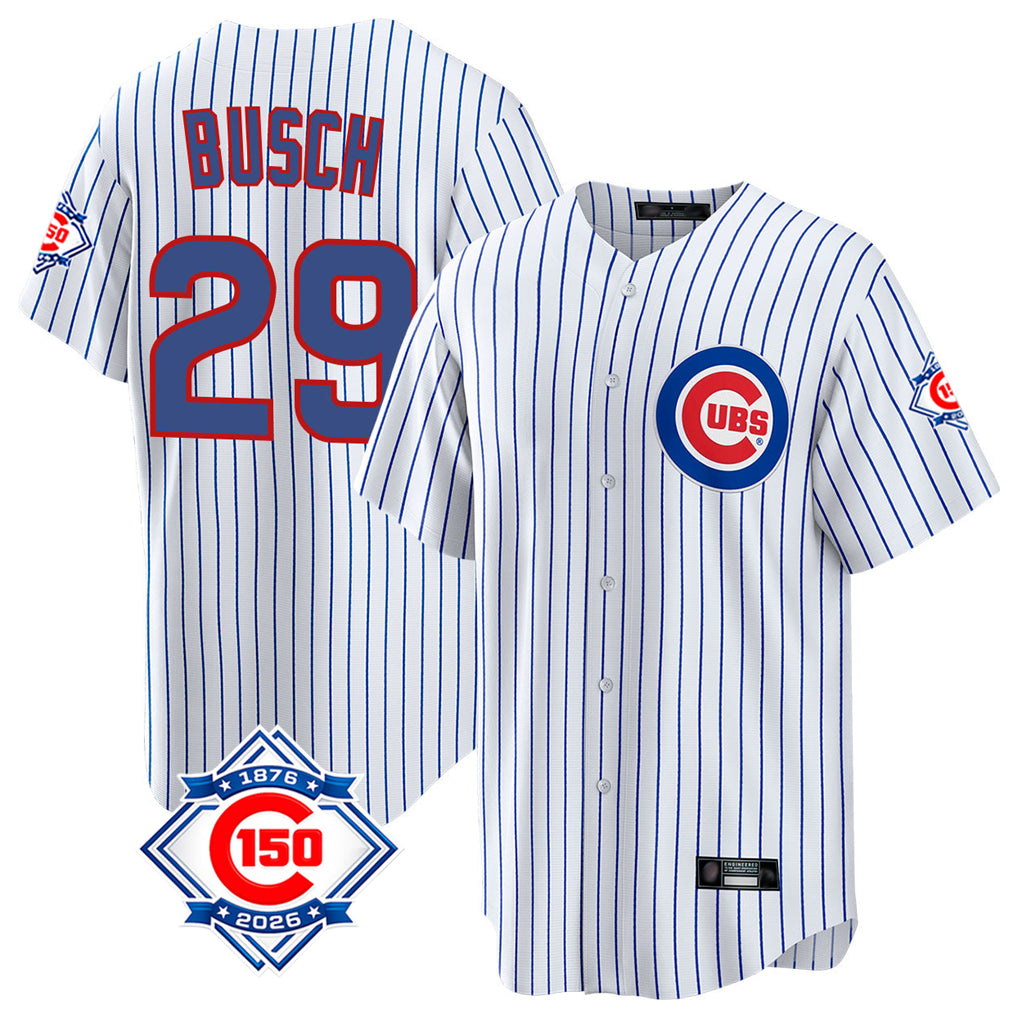 Lashops C.Cubs #29 Michael Busch Player White 150th Anniversary Home Game Stitched Jerseys