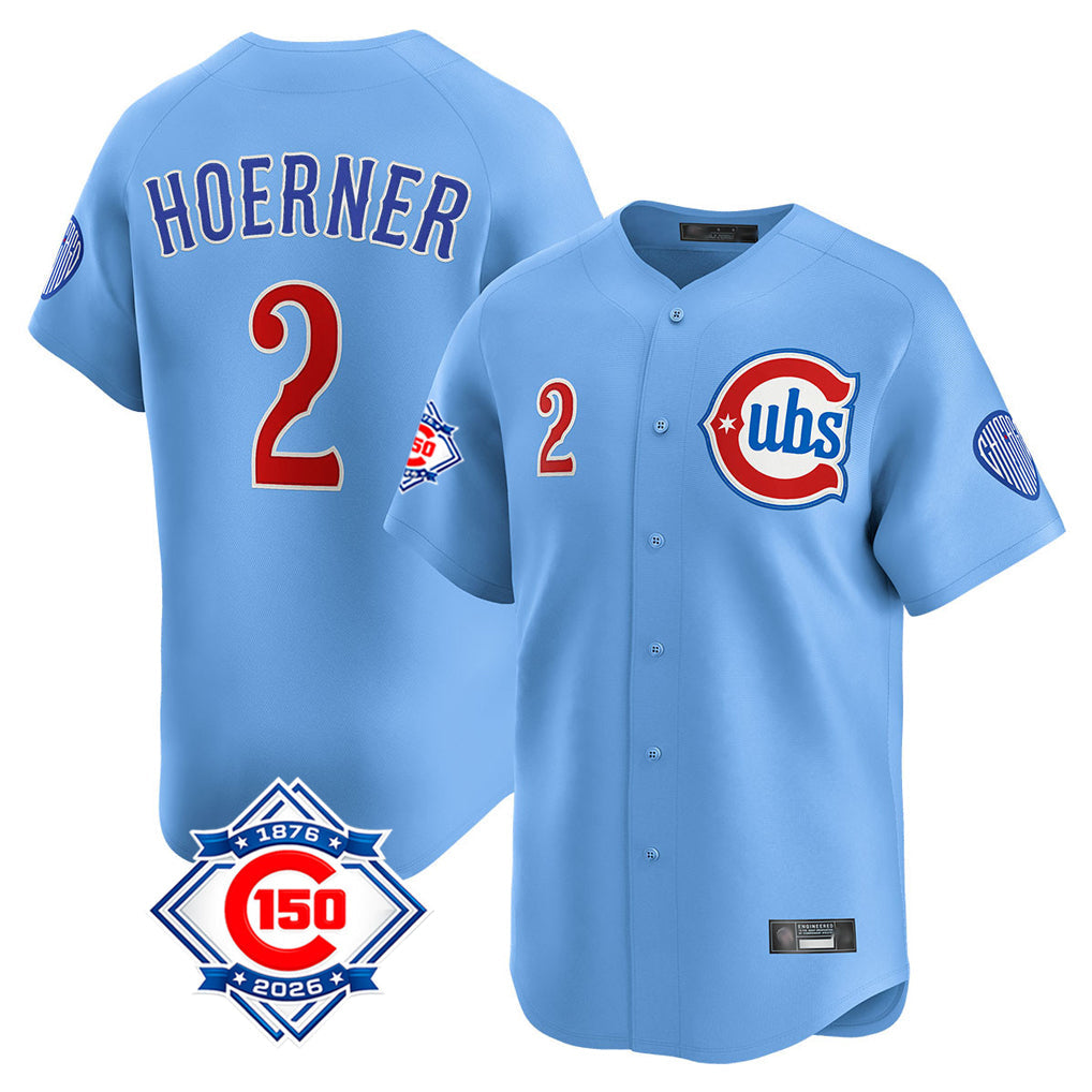 Lashops C.Cubs #2 Nico Hoerner Player Light Blue 150th Anniversary Limited Home Stitched Jerseys