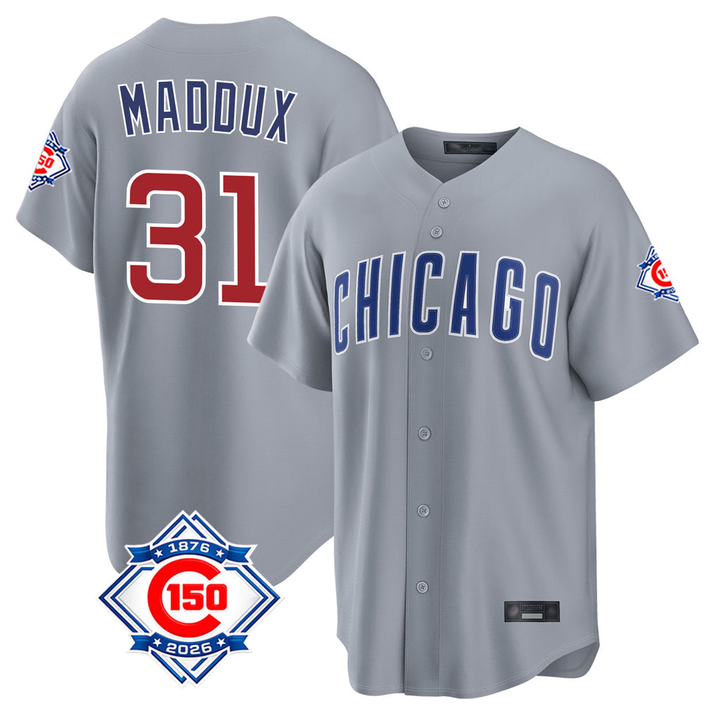 Lashops C.Cubs #31 Greg Maddux Player Gray 150th Anniversary Home Game Stitched Jerseys