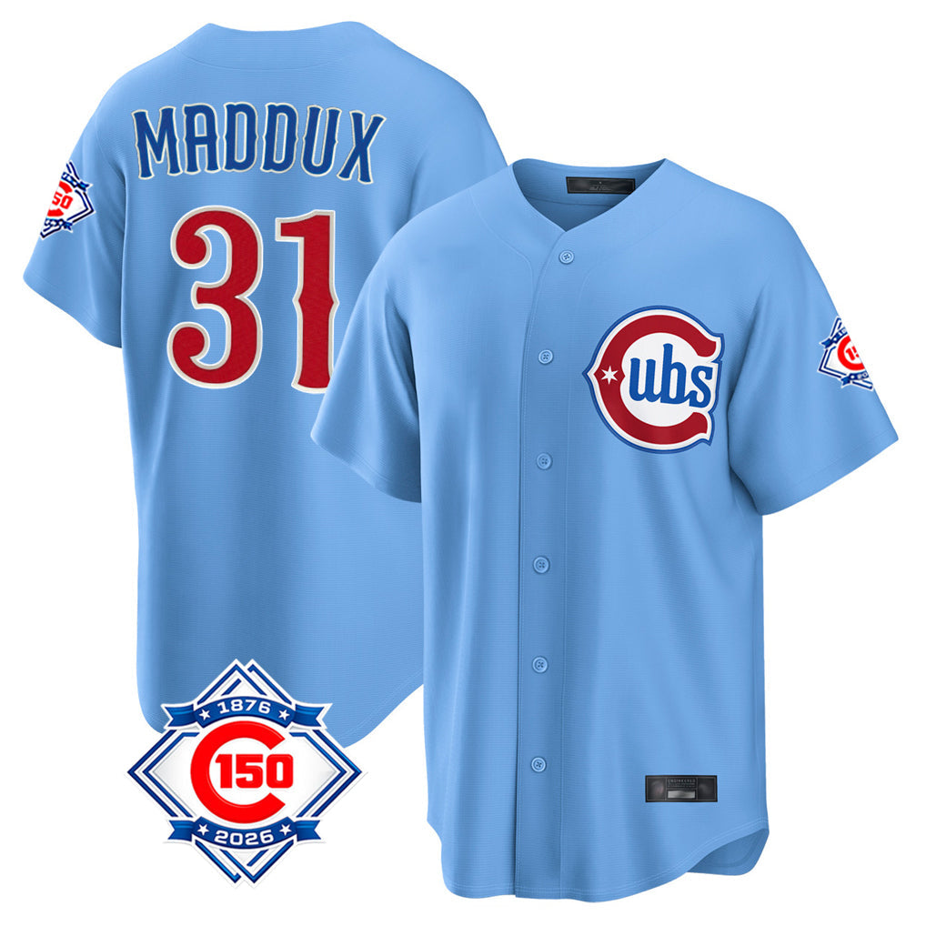 Lashops C.Cubs #31 Greg Maddux Player Light Blue 150th Anniversary Home Game Stitched Jerseys