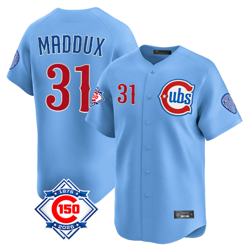 Lashops C.Cubs #31 Greg Maddux Player Light Blue 150th Anniversary Limited Home Stitched Jerseys