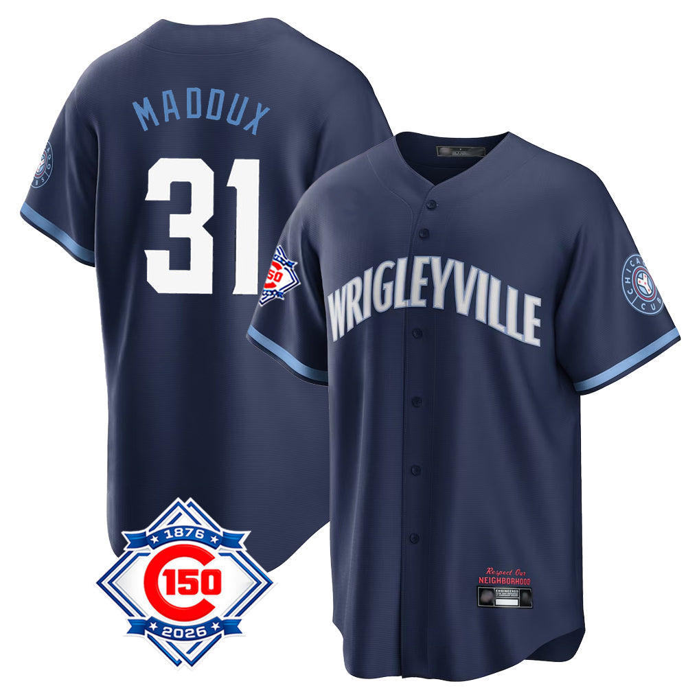 Lashops C.Cubs #31 Greg Maddux Player Navy 150th Anniversary City Connect Home Game Stitched Jerseys