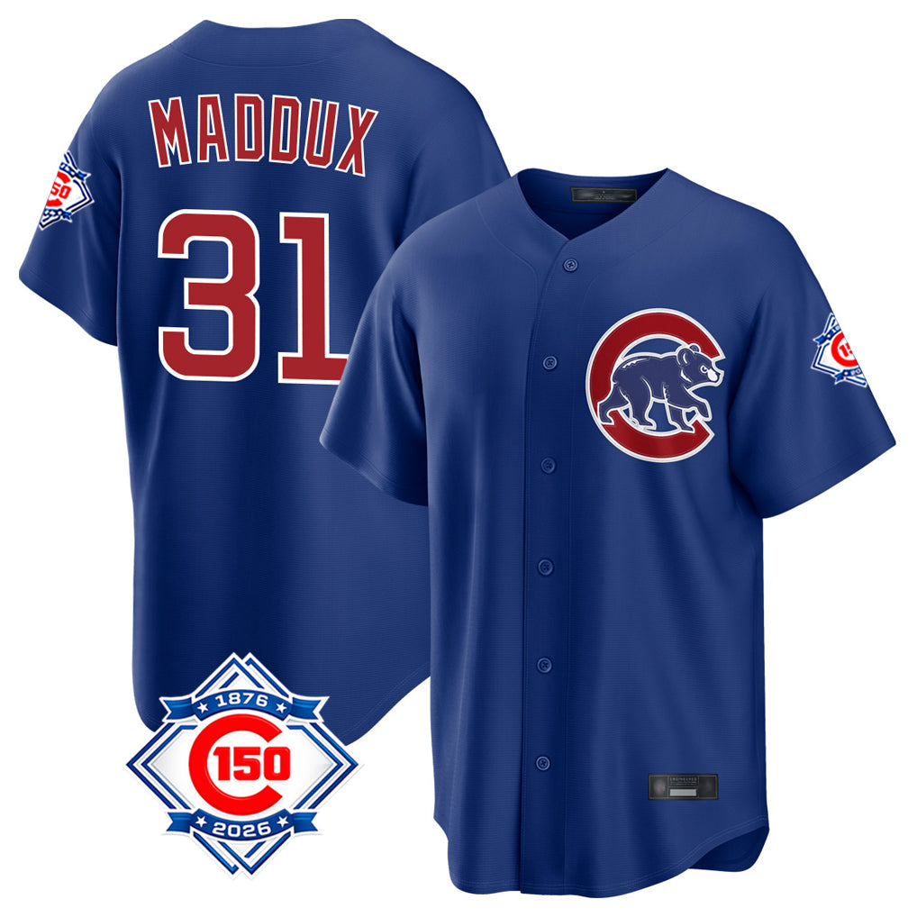 Lashops C.Cubs #31 Greg Maddux Player Royal 150th Anniversary Home Game Stitched Jerseys