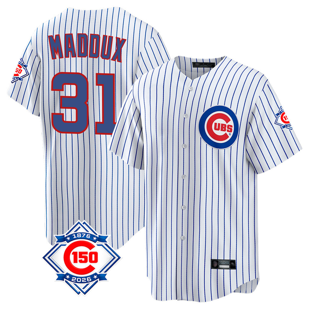 Lashops C.Cubs #31 Greg Maddux Player White 150th Anniversary Home Game Stitched Jerseys