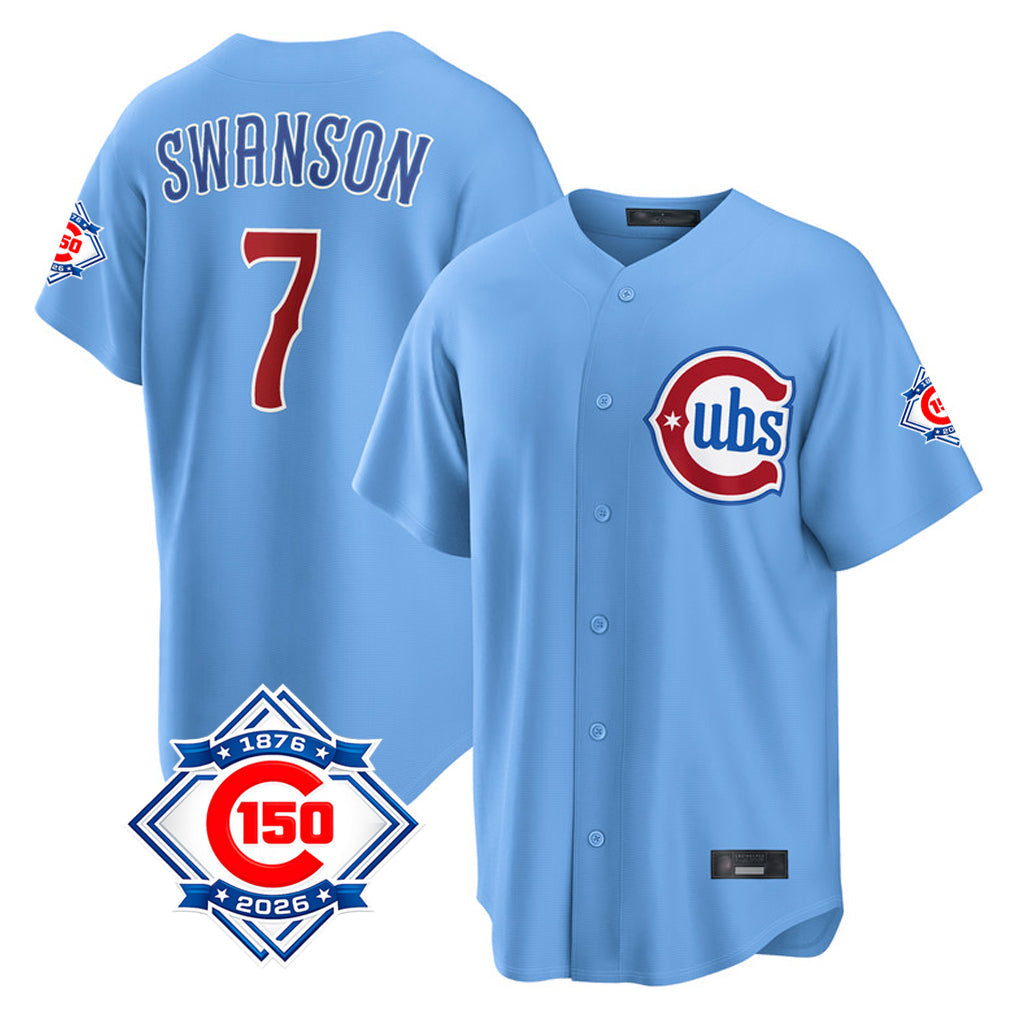 Lashops C.Cubs #7 Dansby Swanson Player Light Blue 150th Anniversary Home Game Stitched Jerseys
