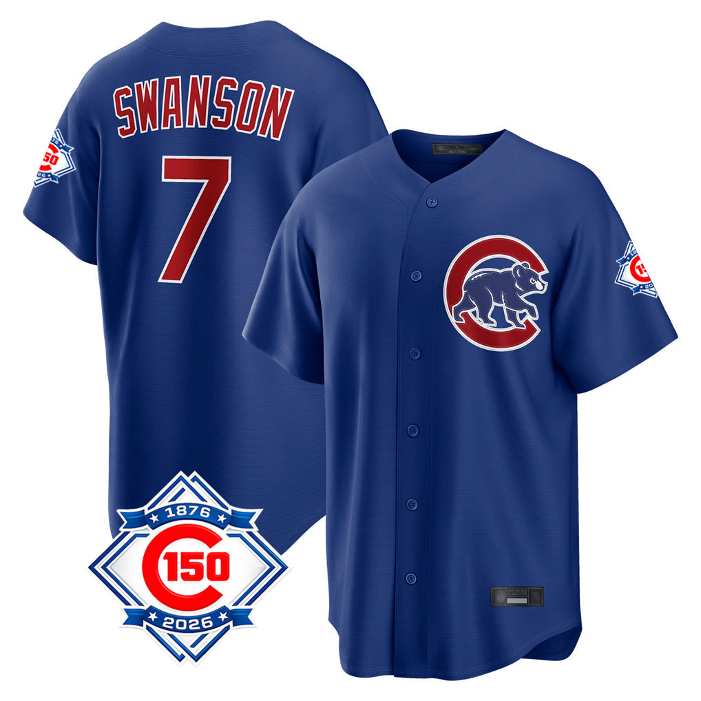 Lashops C.Cubs #7 Dansby Swanson Player Royal 150th Anniversary Home Game Stitched Jerseys