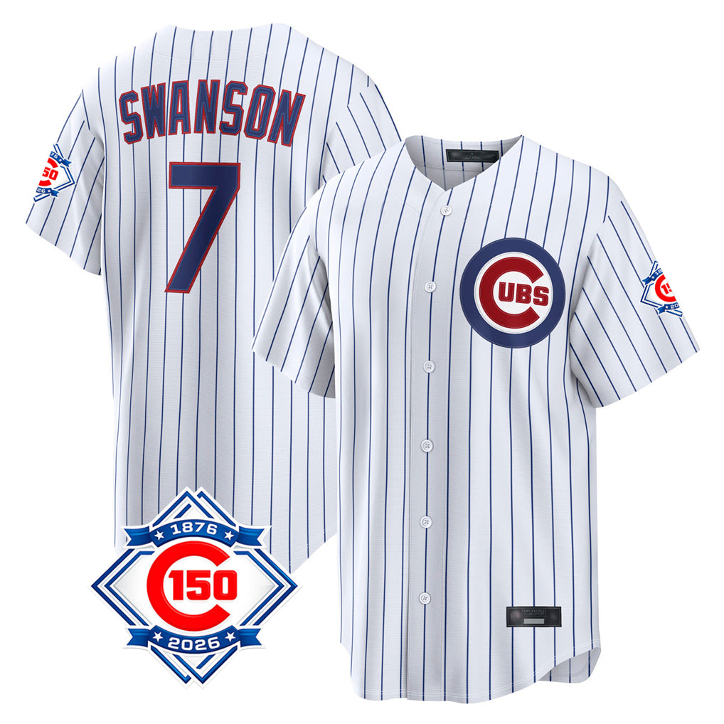 Lashops C.Cubs #7 Dansby Swanson Player White 150th Anniversary Game Home Stitched Jerseys