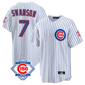 Lashops C.Cubs #7 Dansby Swanson Player White 150th Anniversary Home Game Stitched Jerseys