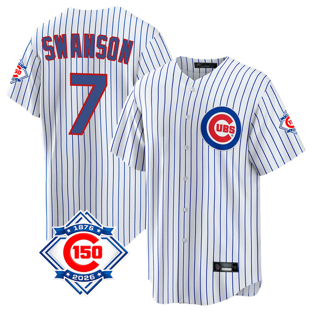 Lashops C.Cubs #7 Dansby Swanson Player White 150th Anniversary Home Game Stitched Jerseys