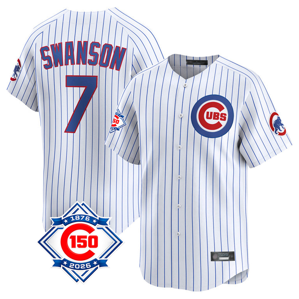 Lashops C.Cubs #7 Dansby Swanson Player White 150th Anniversary Limited Home Game Stitched Jerseys