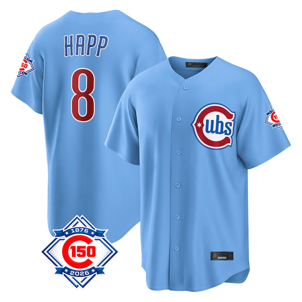 Lashops C.Cubs #8 Ian Happ Player Light Blue 150th Anniversary Home Game Stitched Jerseys