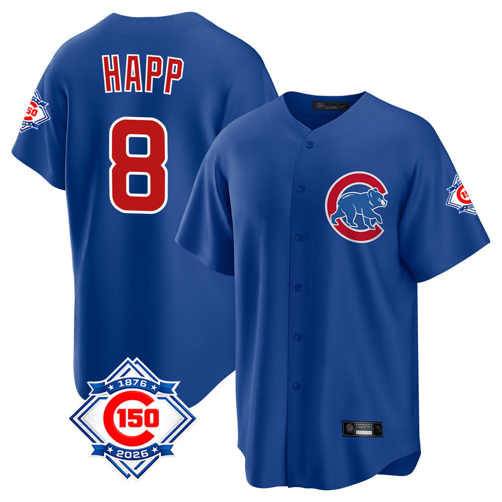 Lashops C.Cubs #8 Ian Happ Player Royal 150th Anniversary Home Game Stitched Jerseys