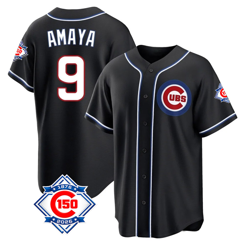 Lashops C.Cubs #9 Miguel Amaya Player Black Fashion Out 150th Anniversary Game Stitched Jerseys