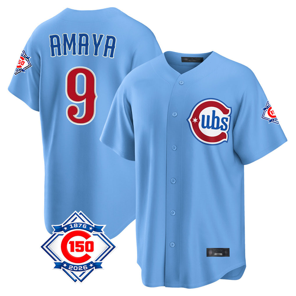 Lashops C.Cubs #9 Miguel Amaya Player Light Blue 150th Anniversary Home Game Stitched Jerseys
