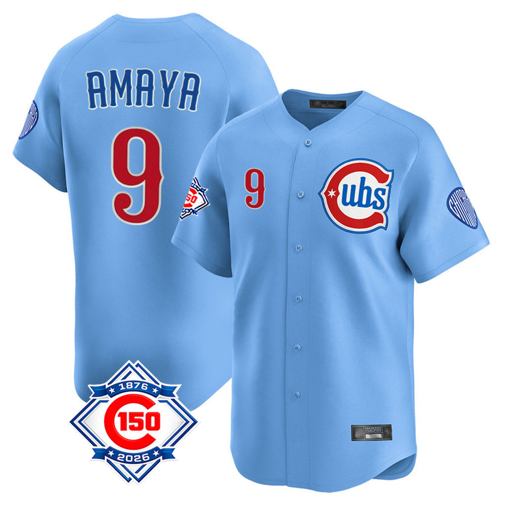Lashops C.Cubs #9 Miguel Amaya Player Light Blue 150th Anniversary Limited Home Stitched Jerseys