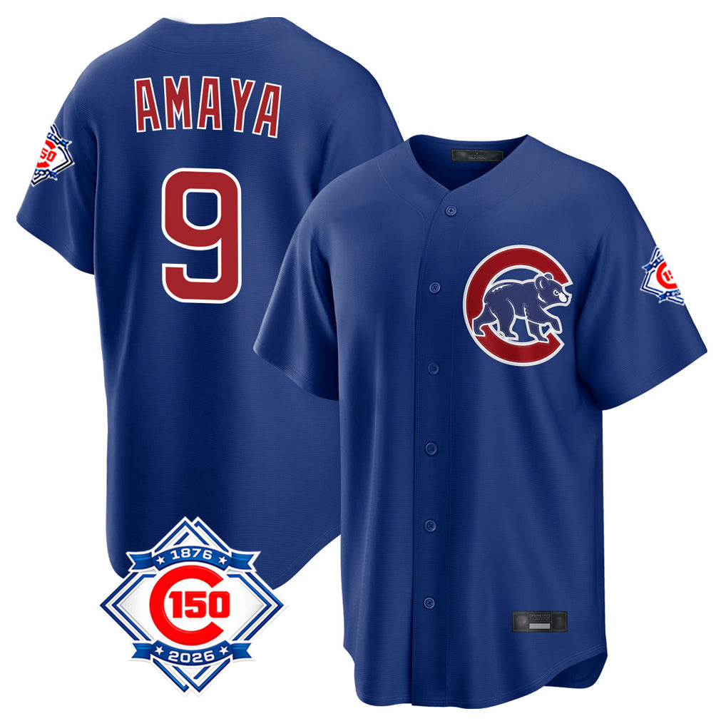Lashops C.Cubs #9 Miguel Amaya Player Royal 150th Anniversary Home Game Stitched Jerseys