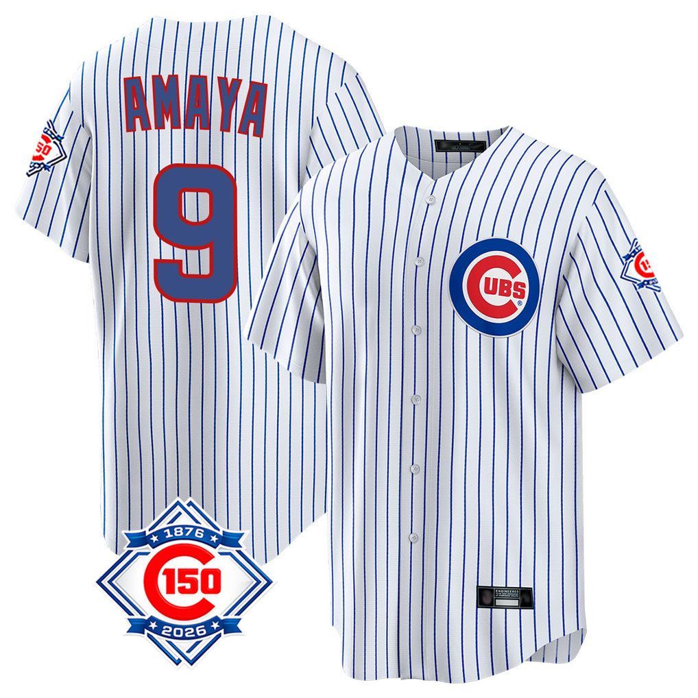 Lashops C.Cubs #9 Miguel Amaya Player White 150th Anniversary Home Game Stitched Jerseys