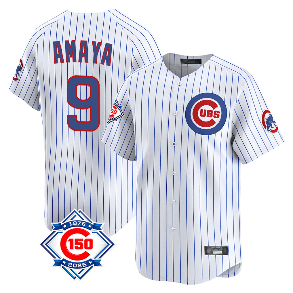 Lashops C.Cubs #9 Miguel Amaya Player White 150th Anniversary Limited Home Game Stitched Jerseys
