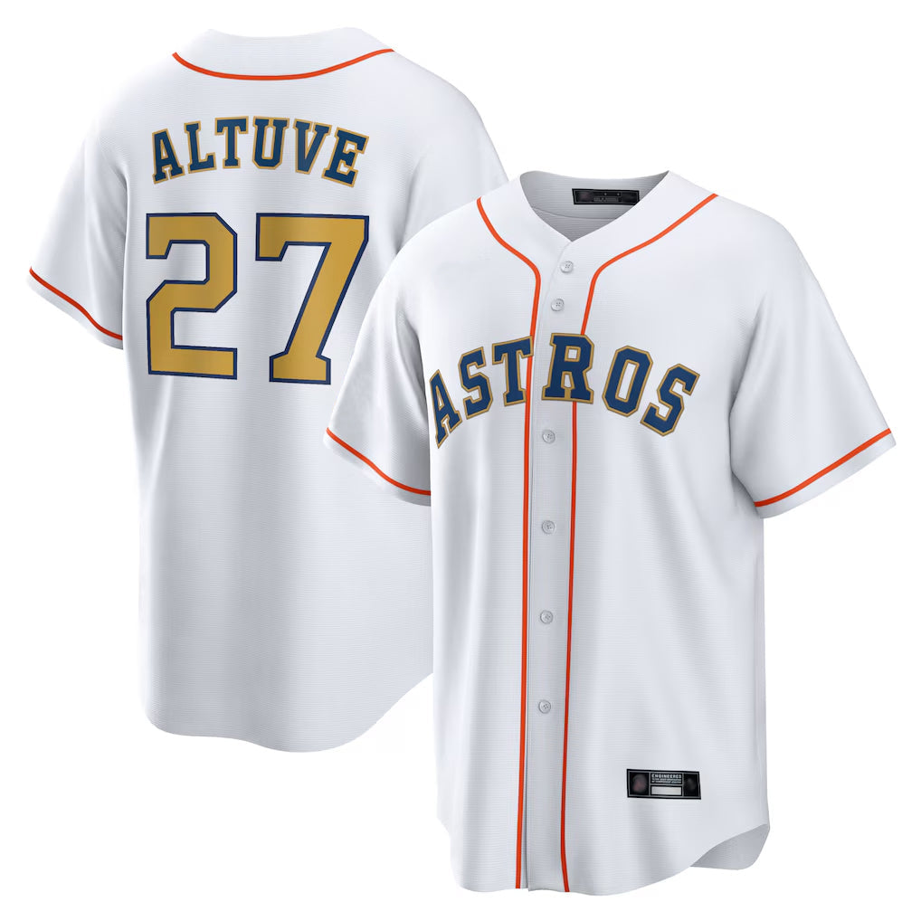 Lashops H.Astros #27 Jose Altuve Player White Gold Collection Game Home Stitched Jerseys