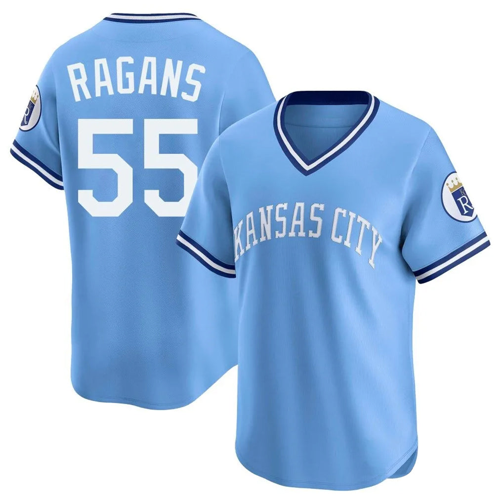 Lashops KC.Royals #55 Cole Ragans Player Light Blue Limited Throwback Cooperstown Collection T-shirt Stitched Jerseys