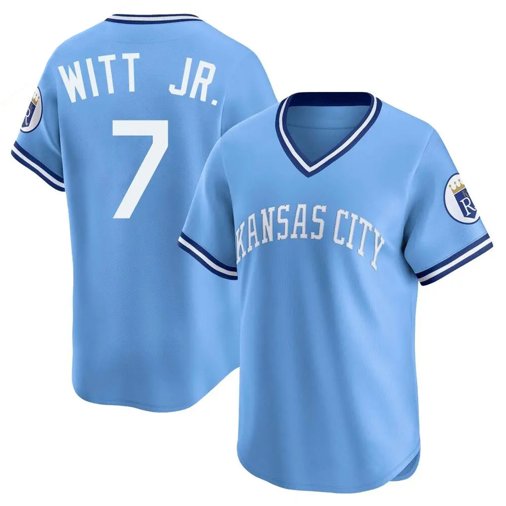 Lashops KC.Royals #7 Bobby Witt Jr. Player Light Blue Limited Throwback Cooperstown Collection T-shirt Stitched Jerseys