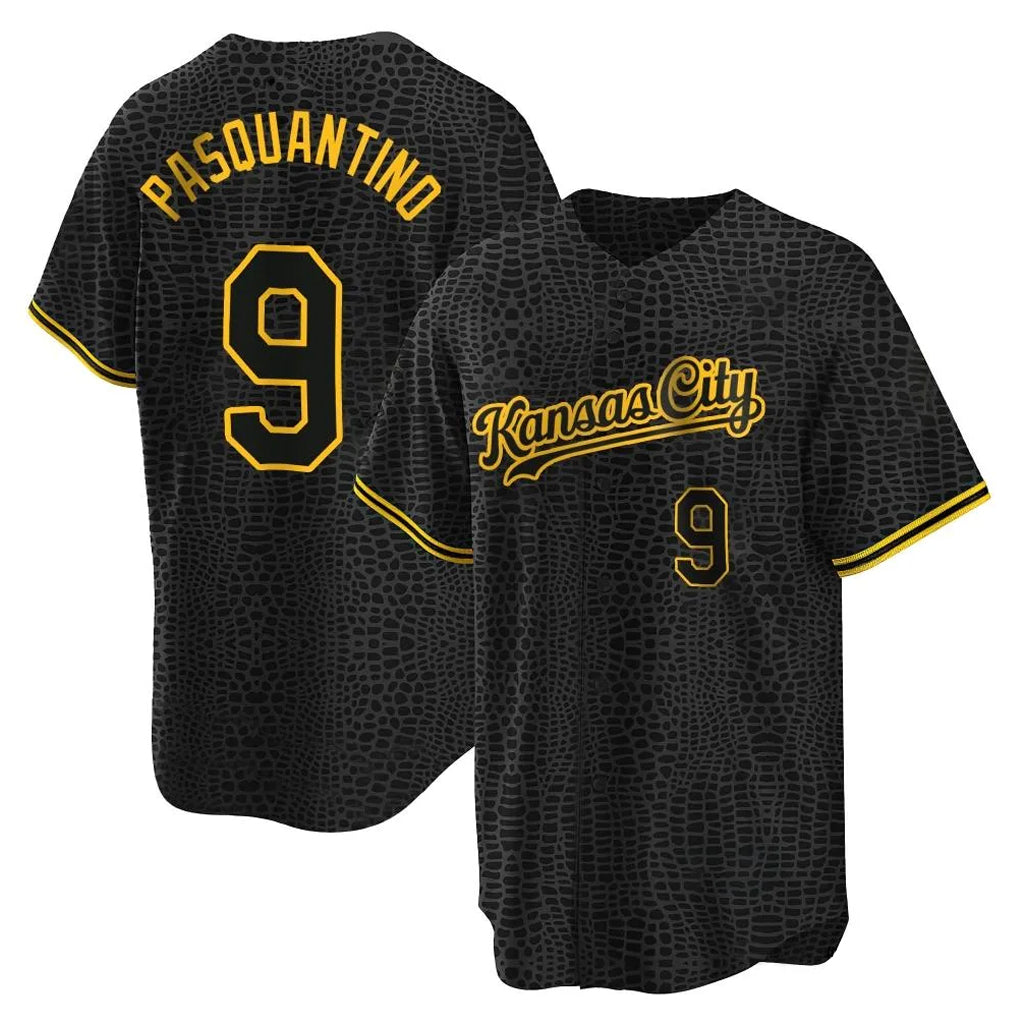 Lashops KC.Royals #9 Vinnie Pasquantino Player Black Snake Skin City Game Stitched Jerseys