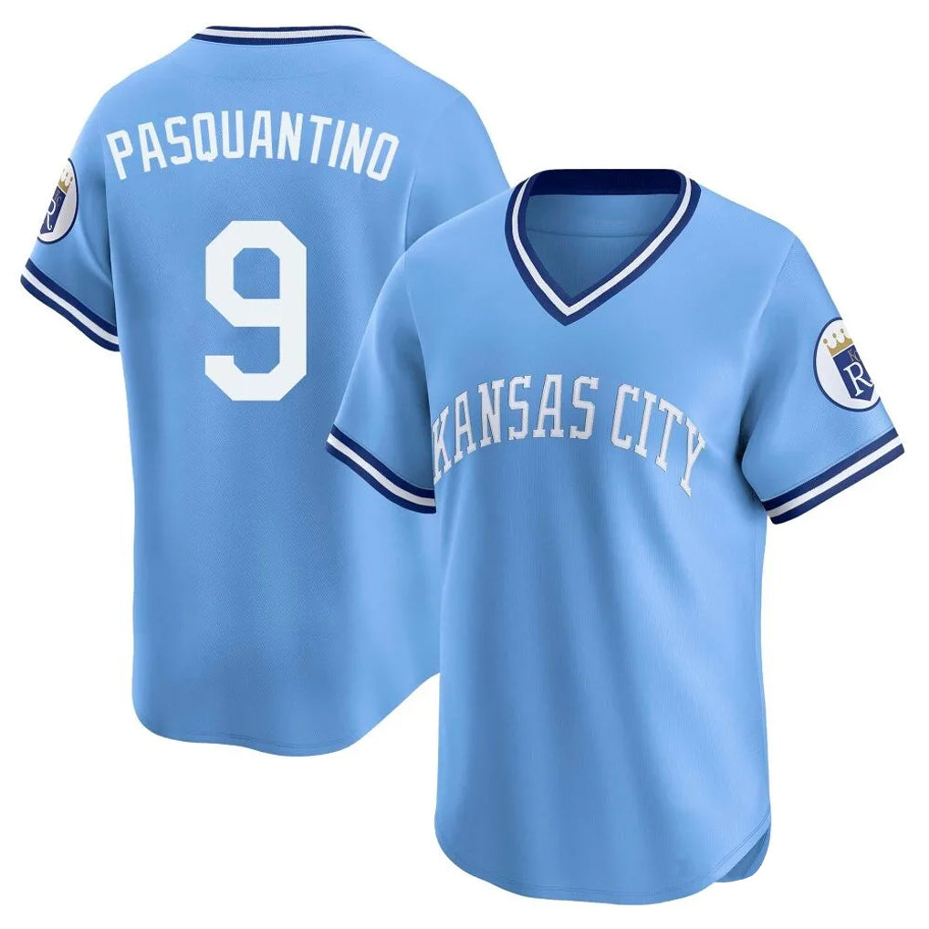 Lashops KC.Royals #9 Vinnie Pasquantino Player Light Blue Limited Throwback Cooperstown Collection T-shirt Stitched Jerseys