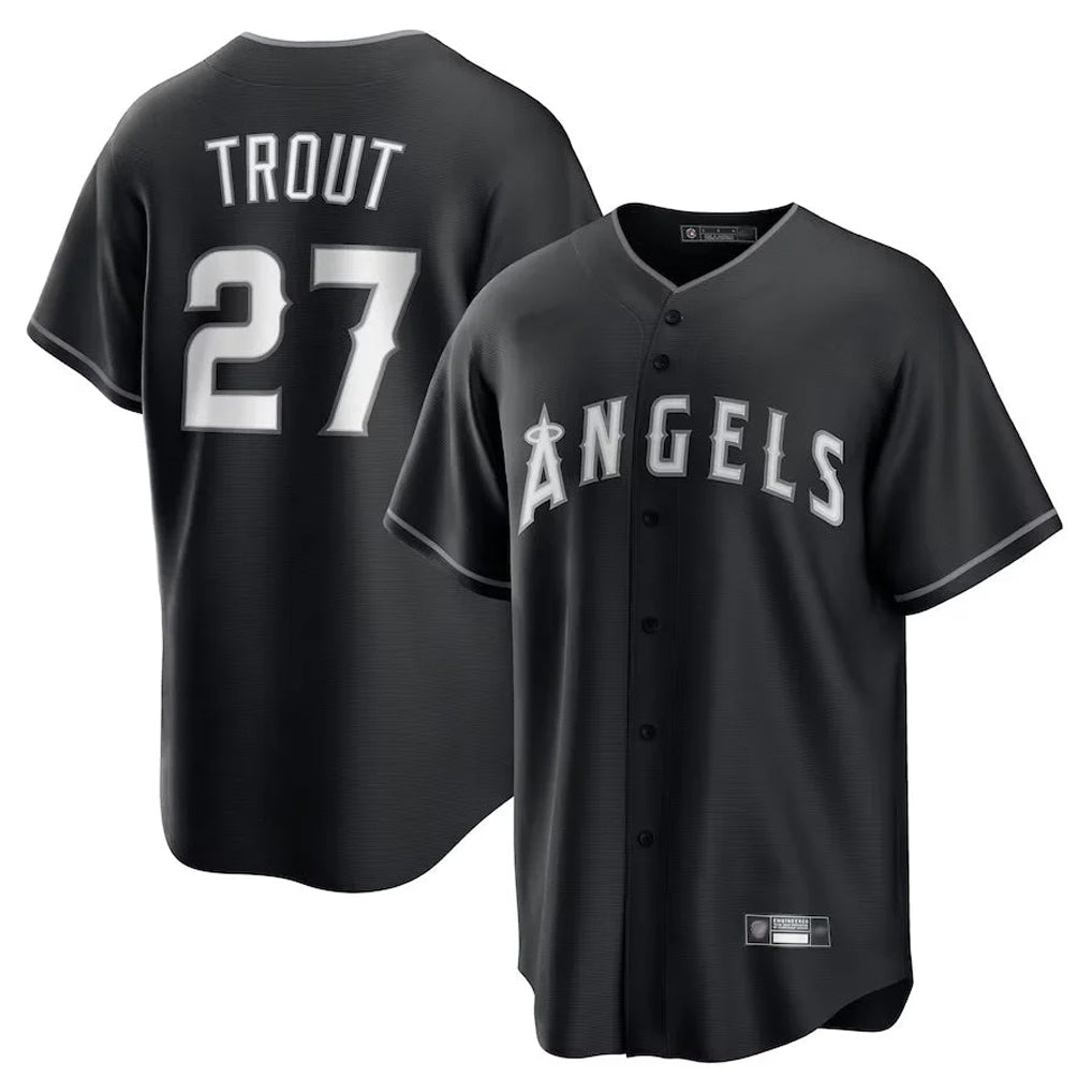 Lashops LA.Angels #27 Mike Trout Player Black Lights Out Fashion T-shirt Stitched Jerseys