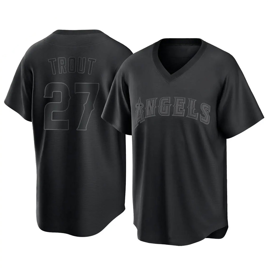 Lashops LA.Angels #27 Mike Trout Player Black Pitch Fashion T-shirt Stitched Jerseys