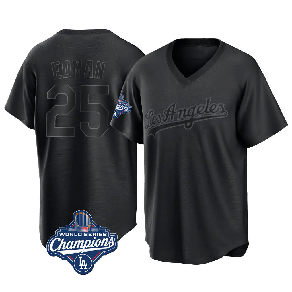 Lashops LA.Dodgers #25 Tommy Edman Player Black World Series Meet Pitch Fashion T-shirt Stitched Jerseys